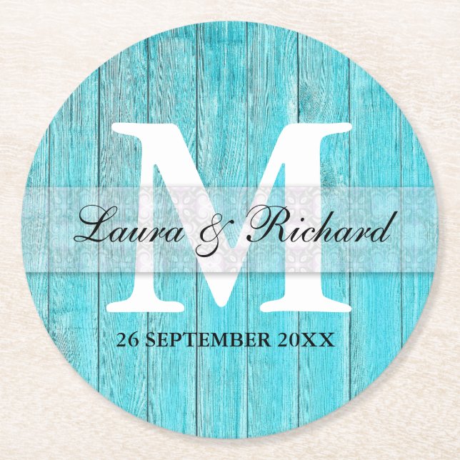 Rustic Turquoise Wood Country Wedding Monogram Round Paper Coaster (Front)