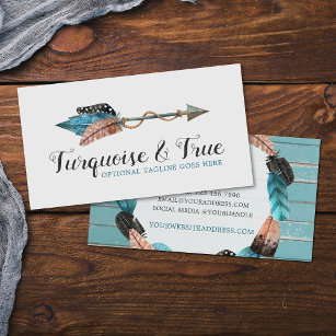 Rustic Turquoise Wood & Feather Arrow Boho Chic Business Card