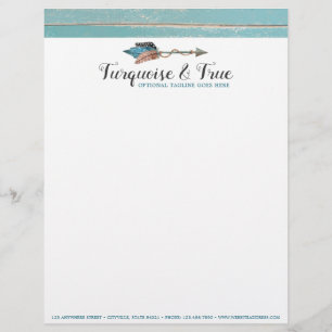 Rustic Turquoise Wood & Feather Arrow Boho Chic Custom Letterhead