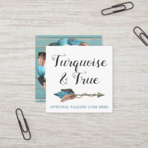 Rustic Turquoise Wood & Feather Arrow Boho Chic Square Business Card