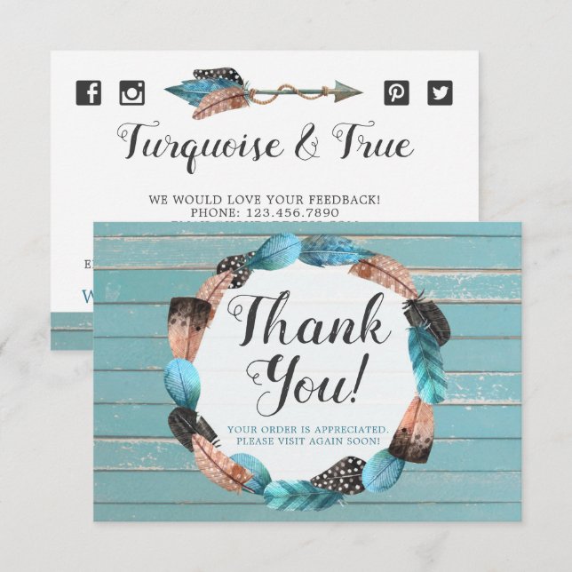 Rustic Turquoise Wood Feather Arrow Thank You Card (Front/Back)