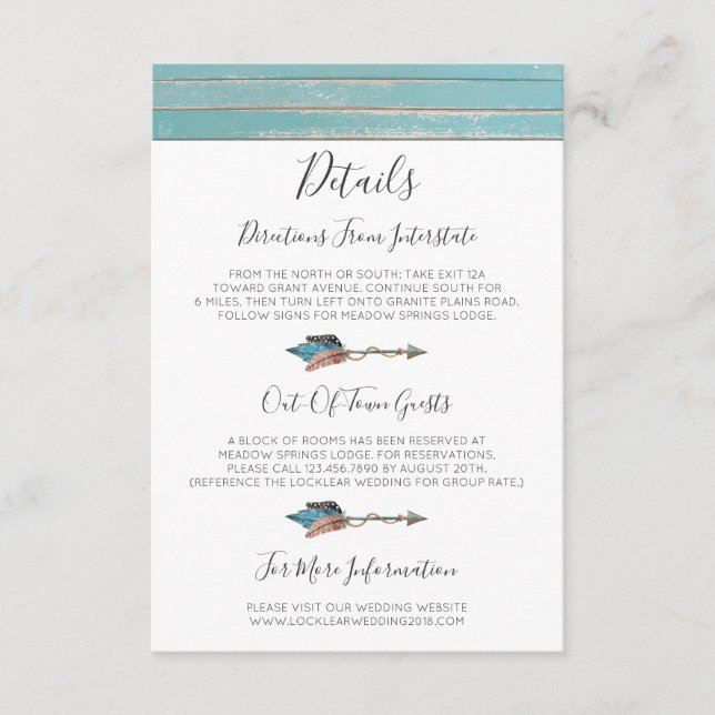 Rustic Turquoise Wood Feather Details / Directions Enclosure Card (Front)