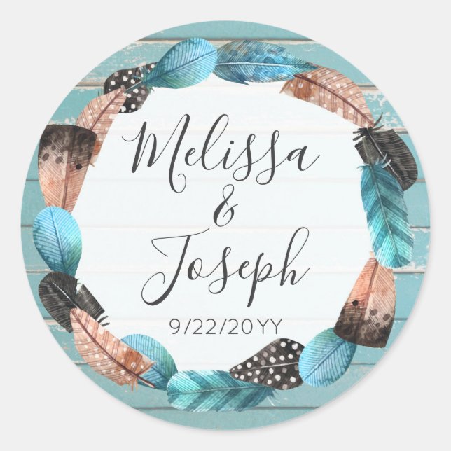 Rustic Turquoise Wood Feather Wreath Boho Wedding Classic Round Sticker (Front)