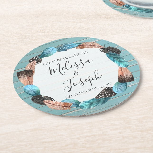 Rustic Turquoise Wood Feather Wreath Boho Wedding Round Paper Coaster (Angled)