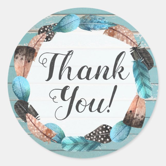 Rustic Turquoise Wood & Feather Wreath Thank You Classic Round Sticker (Front)
