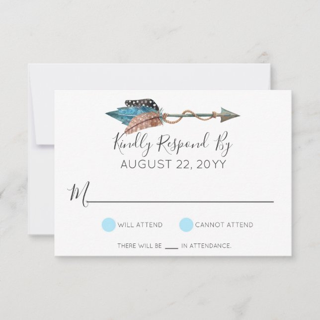 Rustic Turquoise Wood Feathers Arrow Wedding RSVP Card (Front)