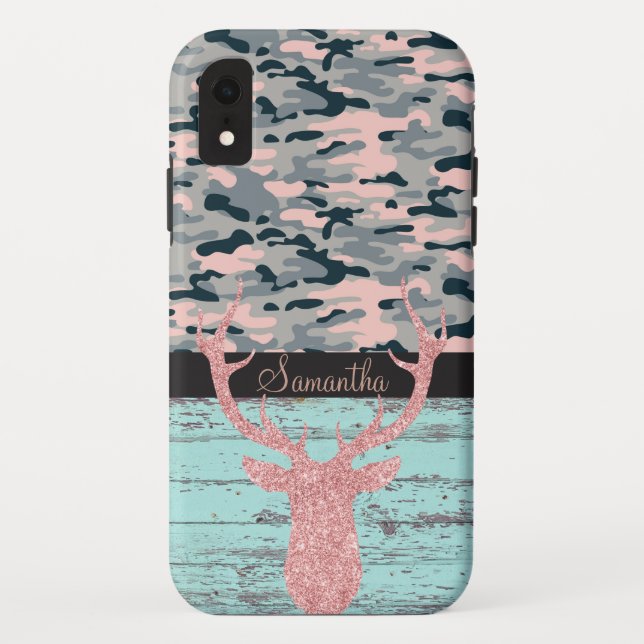 Rustic Turquoise Wood Pink Antler Camo Case-Mate iPhone Case (Back)