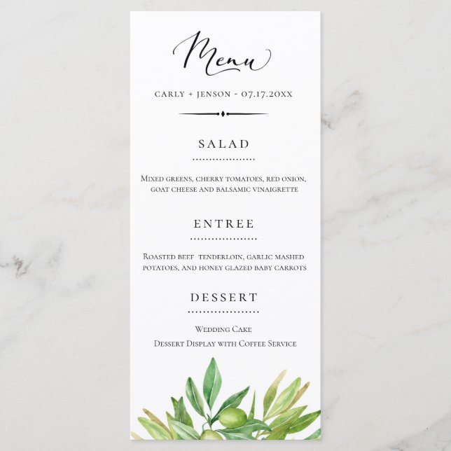 Rustic Tuscan Olive Branch Wedding Menu (Front)