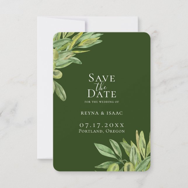 Rustic Tuscan Olive Greenery Save The Date Announcement (Front)