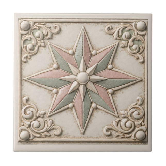 Rustic Tuscan Sage Green and Blush Star  Tile (Front)
