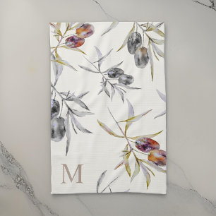 Rustic Tuscan Watercolor Olive Branch Monogram Tea Towel