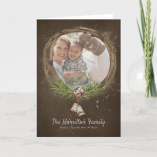 Rustic Twig And Bells Christmas Wreath Holiday Card