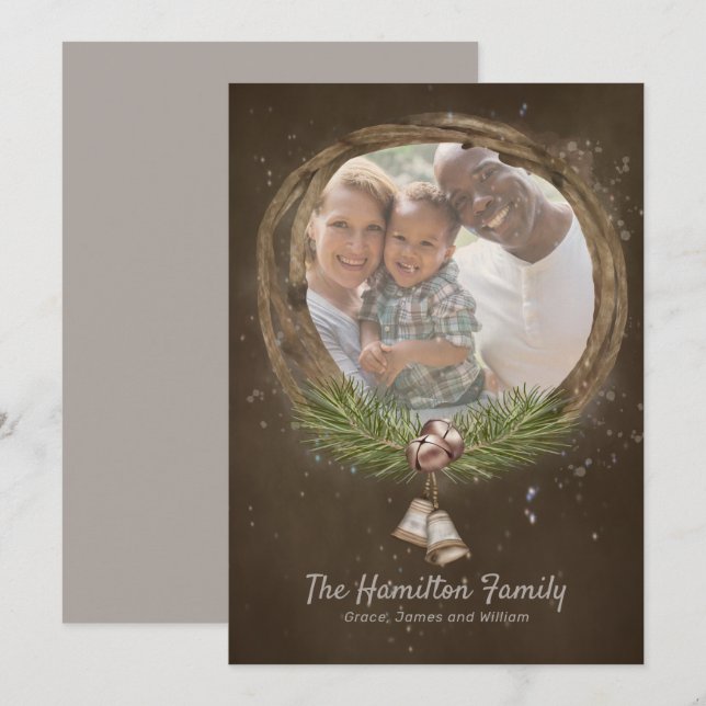 Rustic Twig And Bells Christmas Wreath Holiday Card (Front/Back)