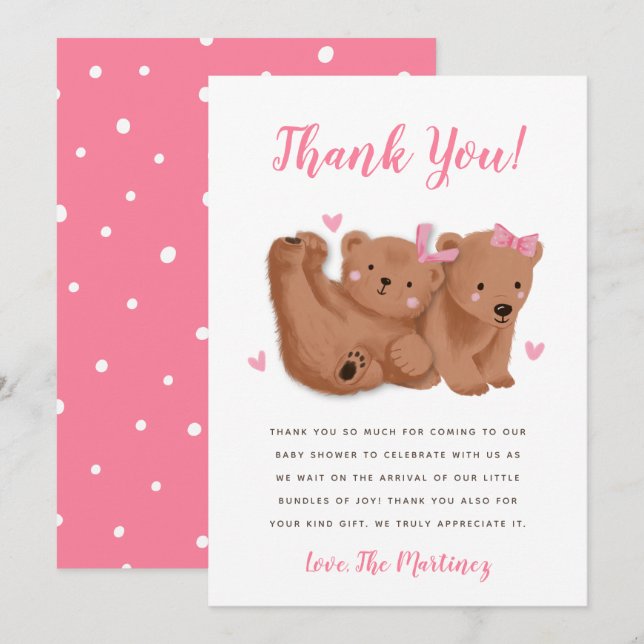 Rustic Twin Girls Cub Bear Baby Shower  Thank You Card (Front/Back)