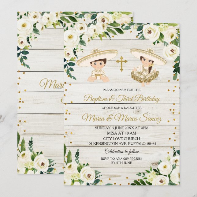 Rustic Twin Mexican Baptism & Third Birthday Invitation (Front/Back)