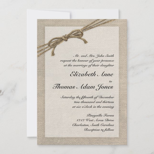 Rustic Twine Bow and Burlap Wedding Invitation (Front)