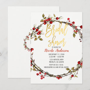 Rustic Twine Cranberry Berry Wreath Bridal Shower Invitation