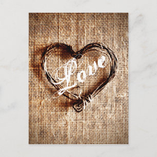 Rustic Twine Heart Burlap Print LOVE Postcard