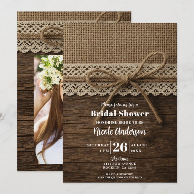 Rustic Twine Ribbon Wood & Lace Bridal Shower Invitation (Front/Back)