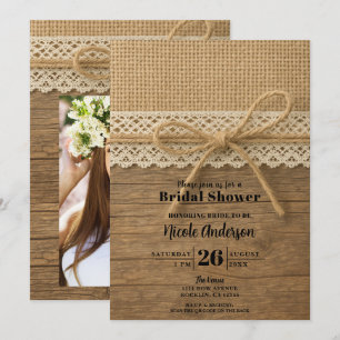 Rustic Twine Ribbon Wood & Lace Bridal Shower Invitation