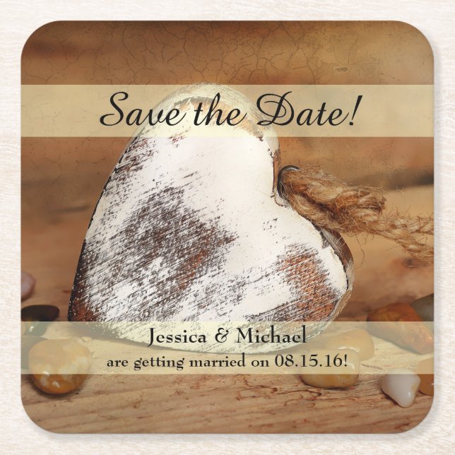 Rustic Twine Wood Heart Save the Date Square Paper Coaster (Front)