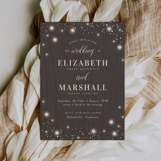 Rustic Twinkle Fairy Light Wood Wedding Invitation (Creator Uploaded)