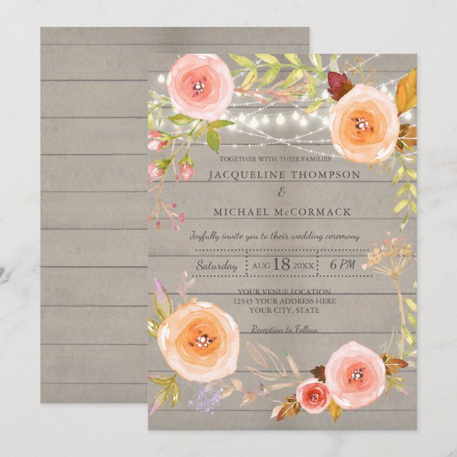 Rustic Twinkle Lights Wedding Floral Wreath Invitation (Front/Back)