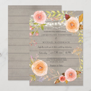 Rustic Twinkle Lights Wedding Floral Wreath Invitation