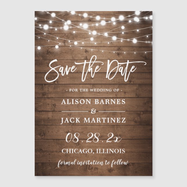 Rustic Twinkle Lights Wedding Save the Date Magnet (Front)