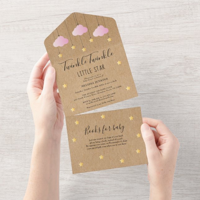 Rustic Twinkle Twinkle Pink Clouds Baby Shower All In One Invitation (Tearaway)