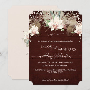 Rustic Twinkle White Orchid Floral Burgundy Wood Invitation