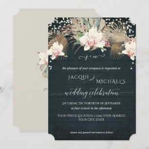 Rustic Twinkle White Orchid Floral Navy Blue Wood Invitation