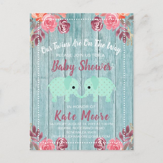 Rustic Twins Baby Elephants Baby Shower Blue Green Postcard (Front)