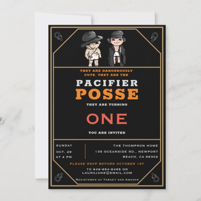 Rustic Twins Pacifier Posse Wild West Birthday Invitation (Front)