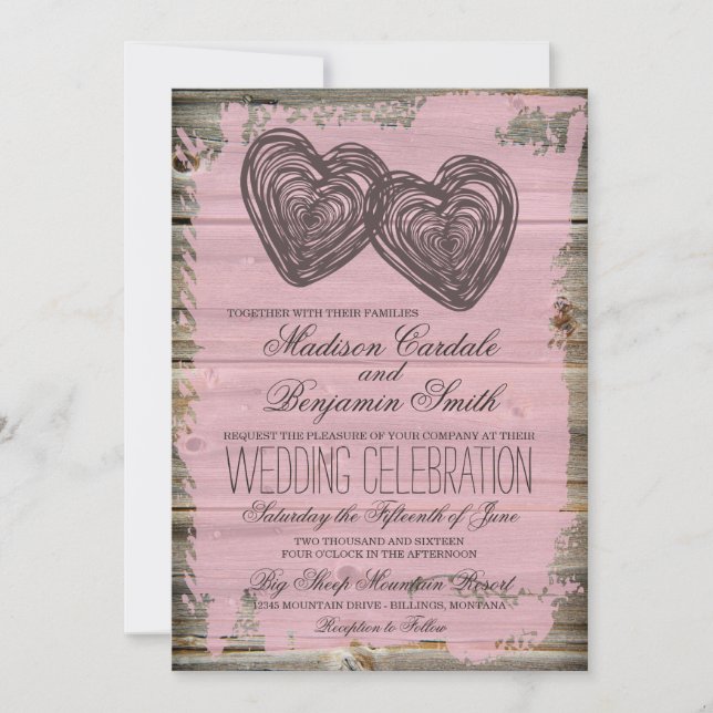 Rustic Two Hearts Barn Wood Pink Wedding Invites (Front)