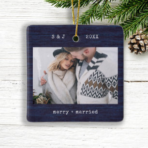 Rustic Typewriter Blue Merry and Married Photo Ceramic Ornament