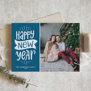 Rustic Typography Blue Happy New Year Photo Holiday Card