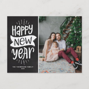 Rustic Typography Faux Chalkboard Happy New Year Holiday Postcard