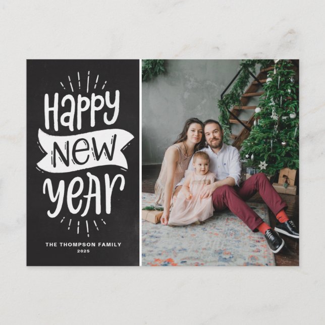 Rustic Typography Faux Chalkboard Happy New Year Holiday Postcard (Front)