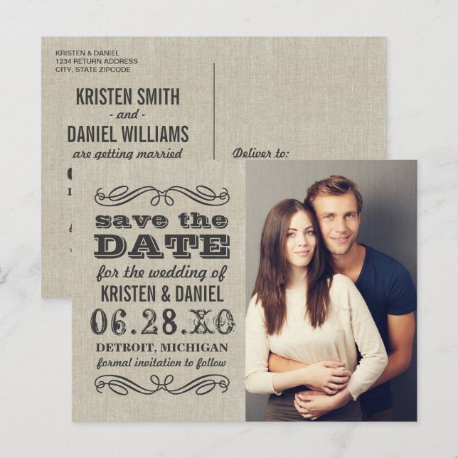 Rustic Typography Wedding Photo Save the Date Announcement Postcard (Front/Back)