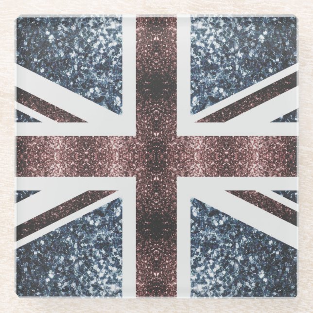 Rustic UK flag red blue sparkles glitters Glass Coaster (Front)