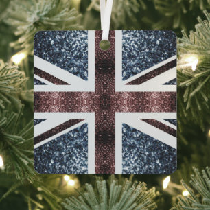 Rustic UK flag red blue sparkles glitters Metal Tree Decoration