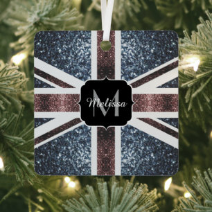 Rustic UK flag red blue sparkles glitters Monogram Metal Tree Decoration