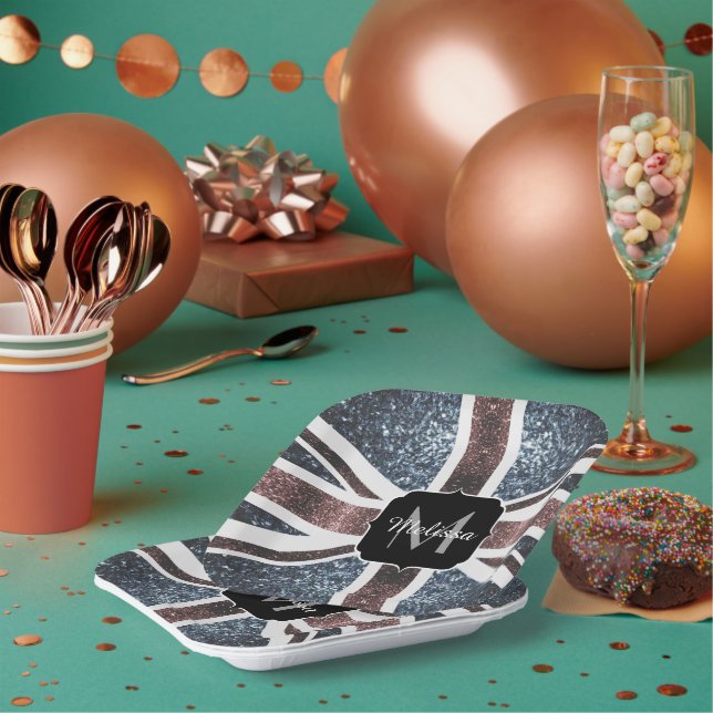 Rustic UK flag red blue sparkles glitters Monogram Paper Plate (Multi)