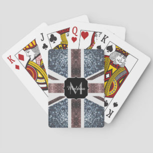 Rustic UK flag red blue sparkles glitters Monogram Playing Cards