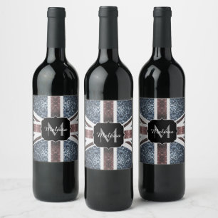 Rustic UK flag red blue sparkles glitters Monogram Wine Label