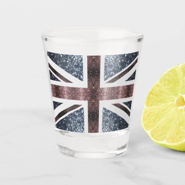 Rustic UK flag red blue sparkles glitters Shot Glass (Front)