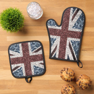 Rustic UK flag red blue sparkles glitters Vintage Oven Mitt & Pot Holder Set
