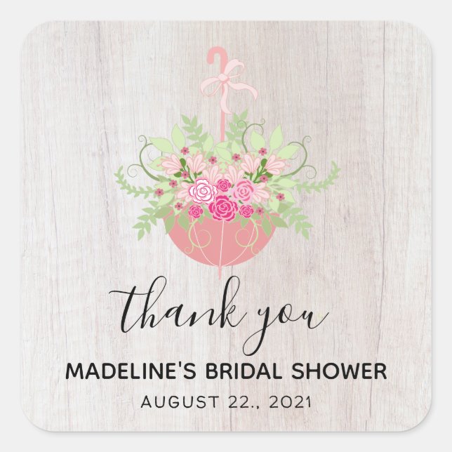 RUSTIC Umbrella| Bridal Shower Thank You Square Sticker (Front)