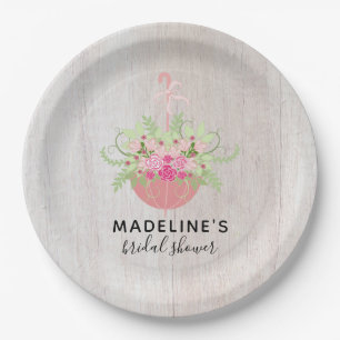 Rustic Umbrella   Roses on Wood Bridal Shower Paper Plate